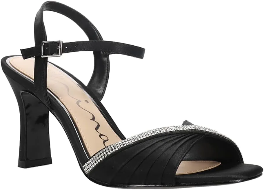 NINA Womens Agnes Rhinestone Ankle Strap Evening Dress Sandals High Heel 3" & Up - Black