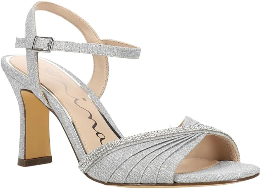 NINA Womens Agnes Rhinestone Ankle Strap Evening Dress Sandals High Heel 3" & Up - Silver
