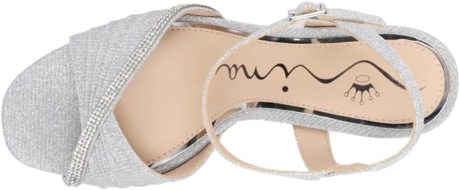 NINA Womens Agnes Rhinestone Ankle Strap Evening Dress Sandals High Heel 3" & Up - Silver