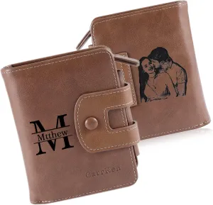 Nobelook Personalized Wallet for men Custom Engraved Mens Wallets with Photo Monogram Name Trifold Vertical Short Leather Wallet Lock Zipper Purse for Father Dad Husband Son BF