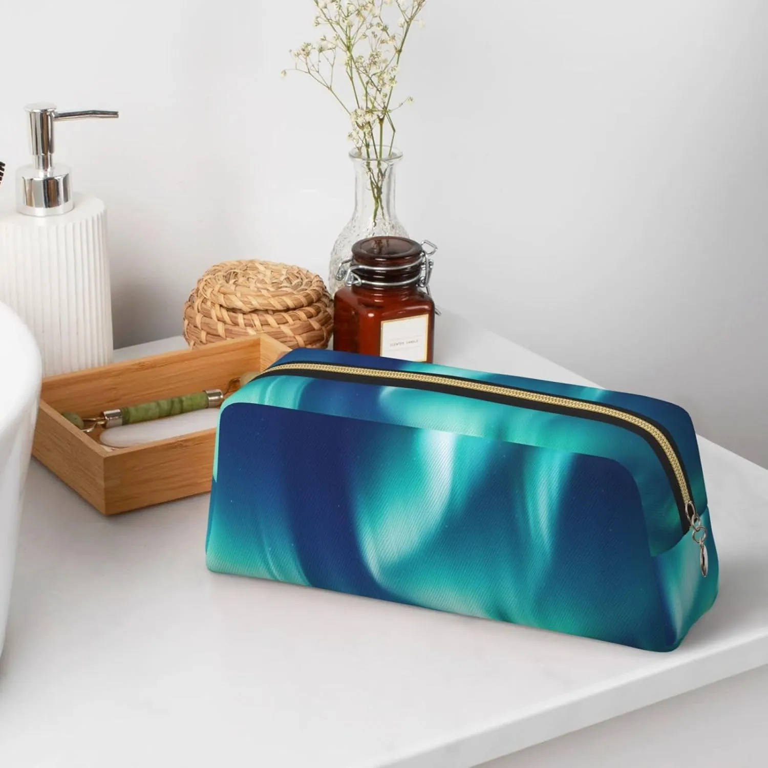 Northern Lights Makeup Bag Travel Toiletry Bag Big Pencil Bag for Women Men Leather Zipper Coin Pouch Purse