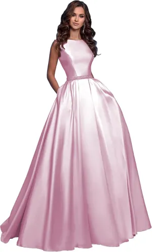 OFEECHUN Women's A Line Satin Prom Dresses Long Ball Gown Ruched Beaded Evening Formal Party Dress with Pockets