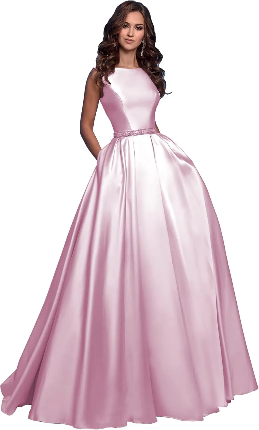 OFEECHUN Women's A Line Satin Prom Dresses Long Ball Gown Ruched Beaded Evening Formal Party Dress with Pockets