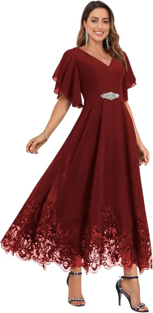 OFEECHUN Women's V Neck Chiffon Mother of The Bride Dresses for Wedding Tea Length Lace Formal Dress with Sleeves