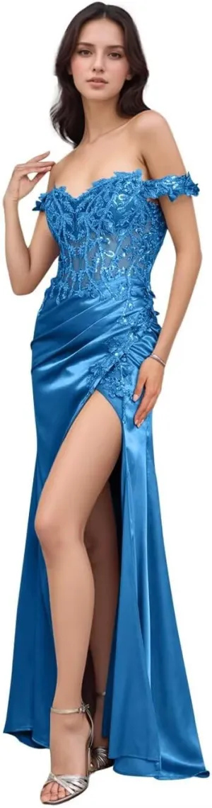 Off Shoulder Mermaid Prom Dresses for Women 2025 Satin Lace Appliques Beaded Sequins Formal Evening Party Gowns with Slit