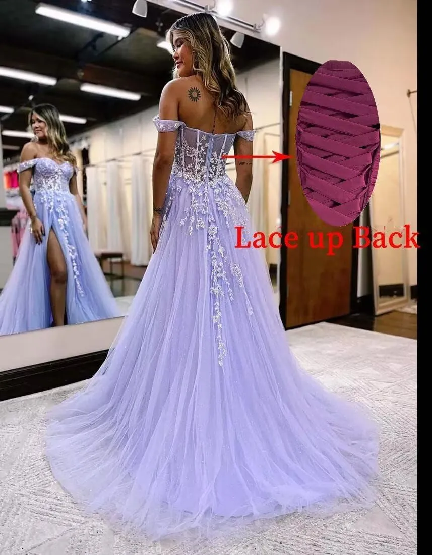 Off The Shoulder Tulle Prom Dresses with Slit Laces Applique Sweetheart Long Formal Evening Party Gowns
