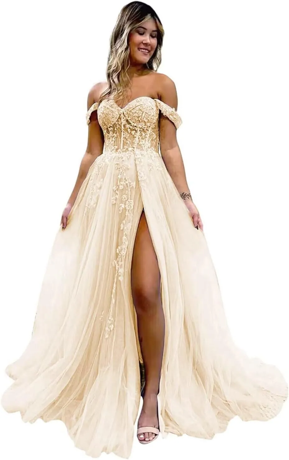 Off The Shoulder Tulle Prom Dresses with Slit Laces Applique Sweetheart Long Formal Evening Party Gowns
