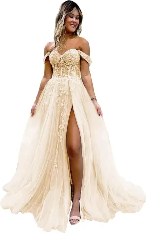 Off The Shoulder Tulle Prom Dresses with Slit Laces Applique Sweetheart Long Formal Evening Party Gowns