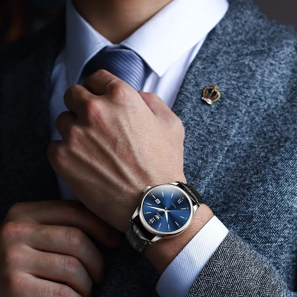 OLEVS Mens Watches Minimalist Brown/Black Leather Band Dress Waterproof Analog Quartz with Date(White/Black/Blue Dial) Classic Casual Easy to Read Men's Wrist Watches