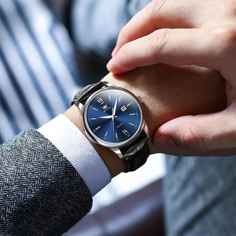 OLEVS Mens Watches Minimalist Brown/Black Leather Band Dress Waterproof Analog Quartz with Date(White/Black/Blue Dial) Classic Casual Easy to Read Men's Wrist Watches