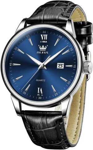 OLEVS Mens Watches Minimalist Brown/Black Leather Band Dress Waterproof Analog Quartz with Date(White/Black/Blue Dial) Classic Casual Easy to Read Men's Wrist Watches