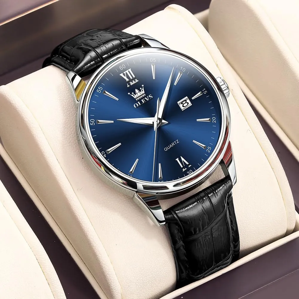 OLEVS Mens Watches Minimalist Brown/Black Leather Band Dress Waterproof Analog Quartz with Date(White/Black/Blue Dial) Classic Casual Easy to Read Men's Wrist Watches