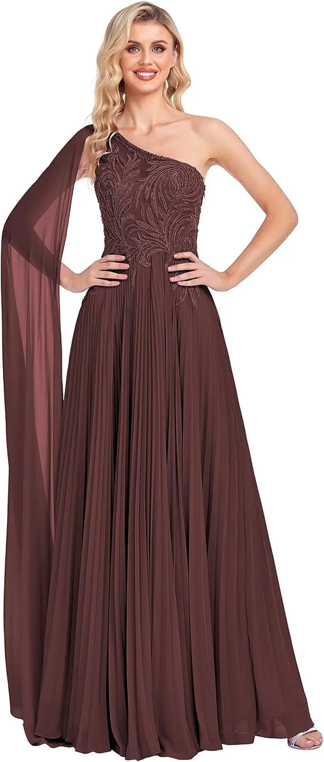 One Shoulder Prom Dresses 2025 Lace Appliques Evening Dress Long Chiffon A-line Flowy Formal Dresses for Women