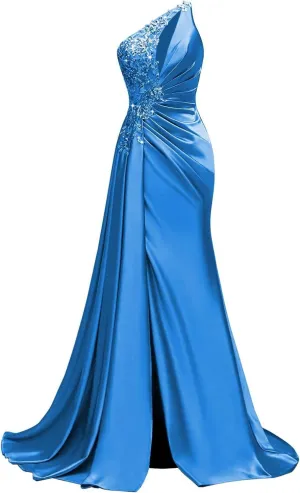 One Shoulder Satin Prom Dresses Beaded Formal Dress Mermaid Evening Party Dresses Long for Women with Slit