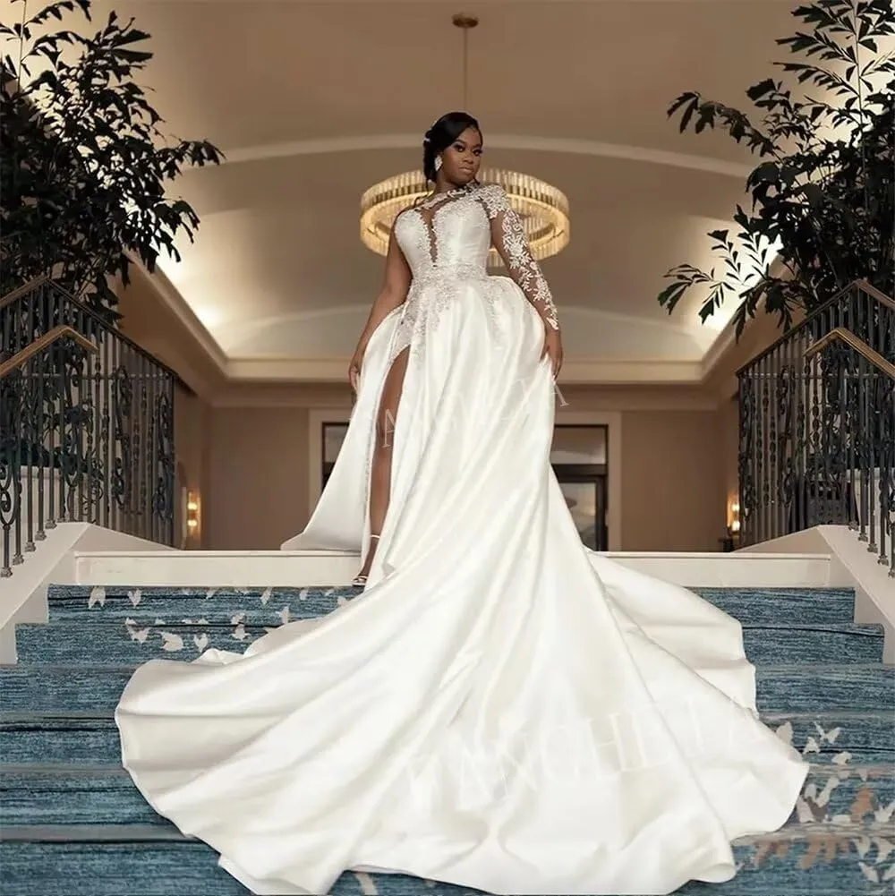 One Shoulder Satin Wedding Dresses Long Sleeve Mermaid Crystals Beaded Bridal Wedding Gowns with Slit