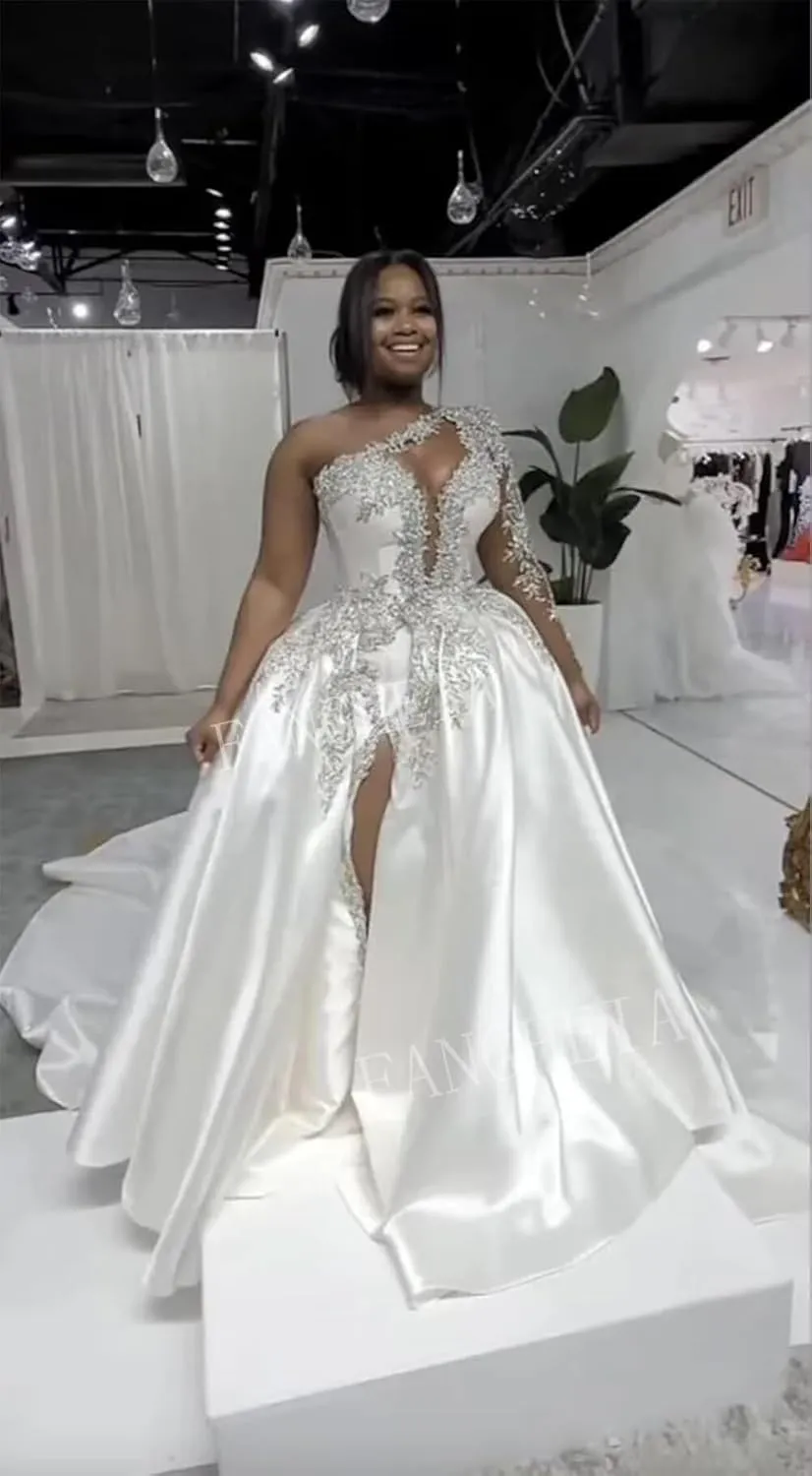 One Shoulder Satin Wedding Dresses Long Sleeve Mermaid Crystals Beaded Bridal Wedding Gowns with Slit