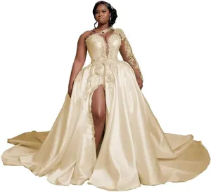 One Shoulder Satin Wedding Dresses Long Sleeve Mermaid Crystals Beaded Bridal Wedding Gowns with Slit
