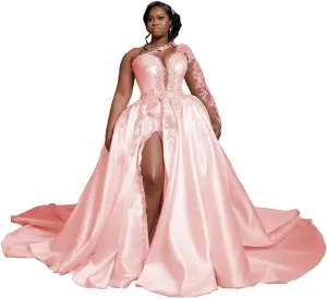 One Shoulder Satin Wedding Dresses Long Sleeve Mermaid Crystals Beaded Bridal Wedding Gowns with Slit