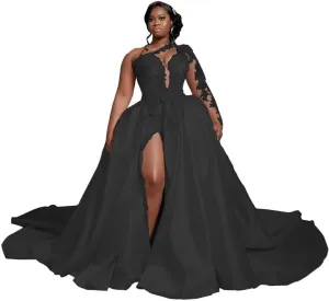 One Shoulder Satin Wedding Dresses Long Sleeve Mermaid Crystals Beaded Bridal Wedding Gowns with Slit
