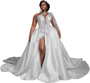 One Shoulder Satin Wedding Dresses Long Sleeve Mermaid Crystals Beaded Bridal Wedding Gowns with Slit