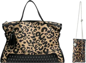 Oversized Leopard Stud Purse with Small Genuine Leather Calf-hair on Leopard Phone Purse