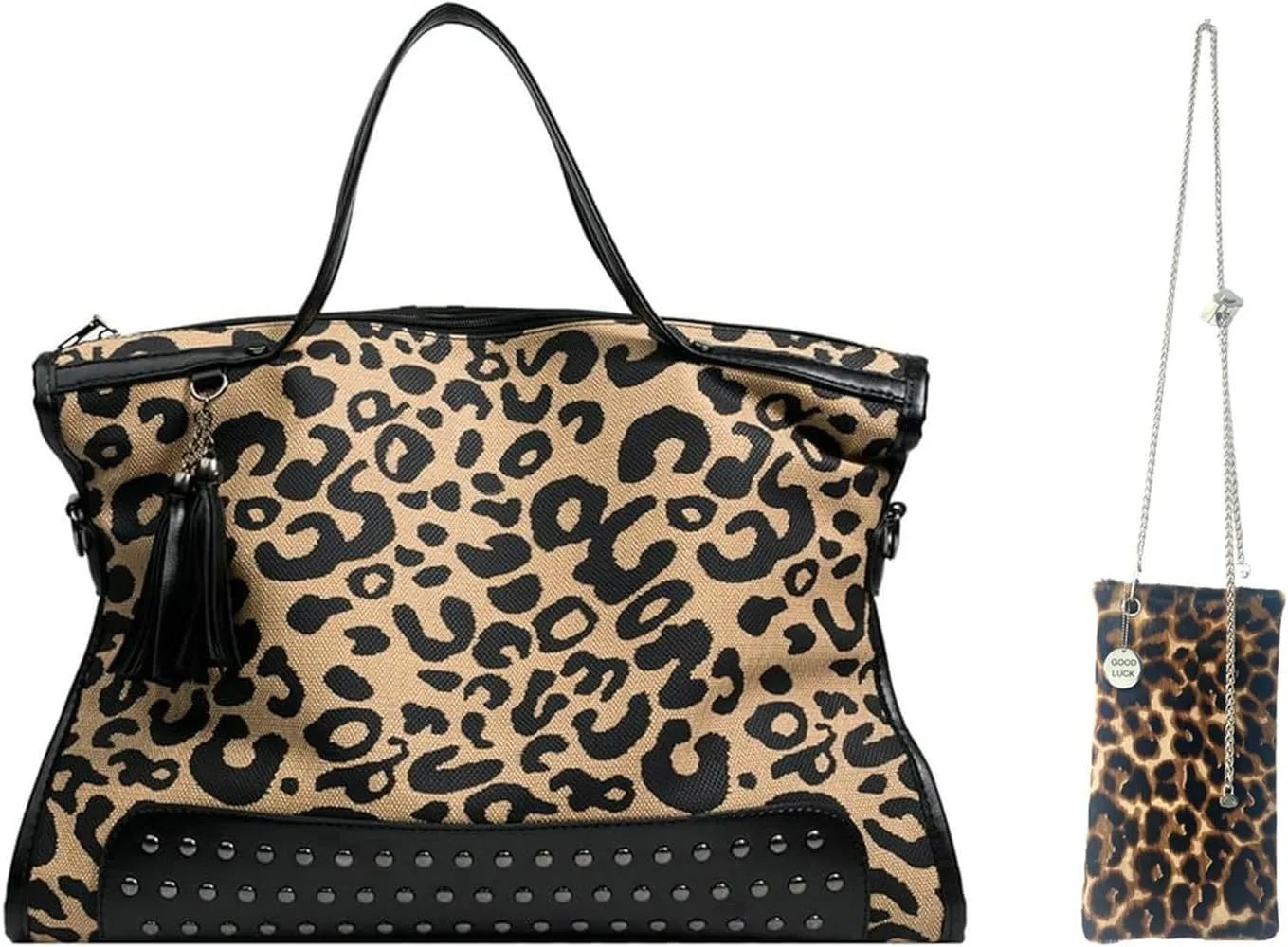 Oversized Leopard Stud Purse with Small Genuine Leather Calf-hair on Leopard Phone Purse