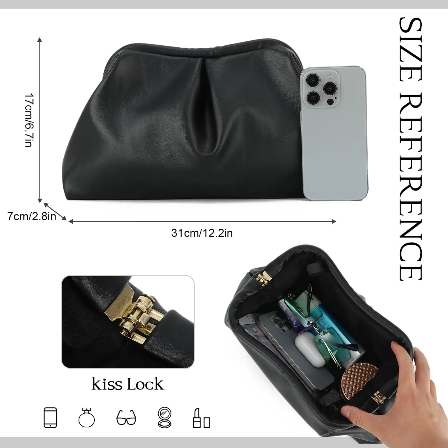 Oweisong Soft Leather Clutch Purse for Women Silver Cloud Evening Handbag Ruched Dumpling Bag for Vacation Party