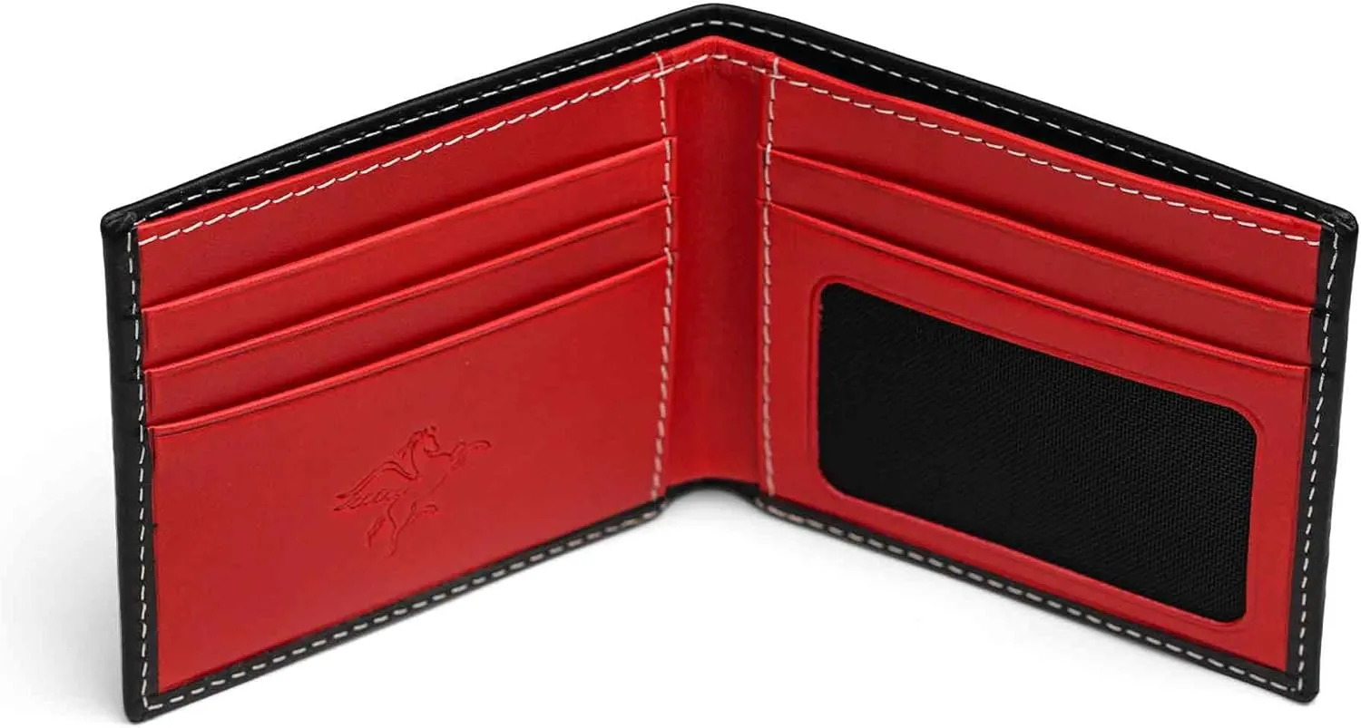 PEGAI Standard Leather Bifold Wallet For Men | Minimalist RFID Blocking Slim Wallet For Men With Credit Card Holder | Edward Italian (Black & Red)