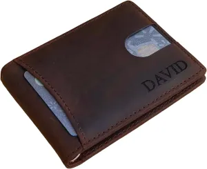 Personalized Minimalist Wallet For Men Custom Engraved Slim Wallet Customized Monogram Leather Wallet Gift For Father's Day Him Husband Boyfriend Dad Son Anniversary Graduation Birthday (DARK BROWN)
