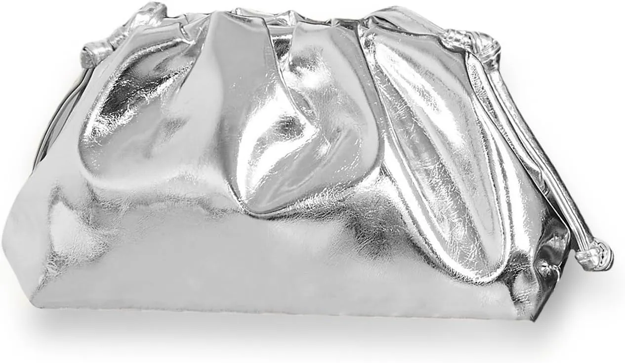 Pleated Evening Vegan Leather Clutch Handbag Purse Metallic PU Cloud Shoulder Bag for Women Evening Purse Handbag