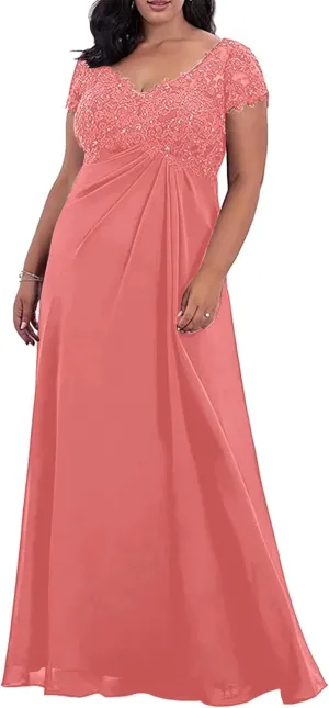 Plus Size Mother of The Bride/Groom Dresses for Wedding Short Sleeve Chiffon Formal Evening Party Gowns