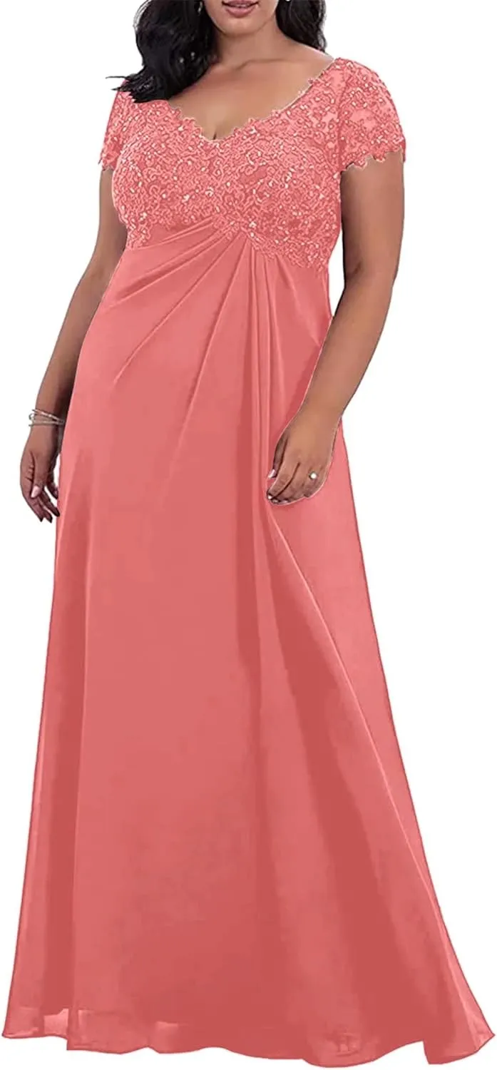 Plus Size Mother of The Bride/Groom Dresses for Wedding Short Sleeve Chiffon Formal Evening Party Gowns