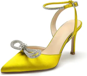 Pointed Toe Satin White Wedding High Heels Rhinestone Ankle Strap Dress Shoes Pumps for Bride