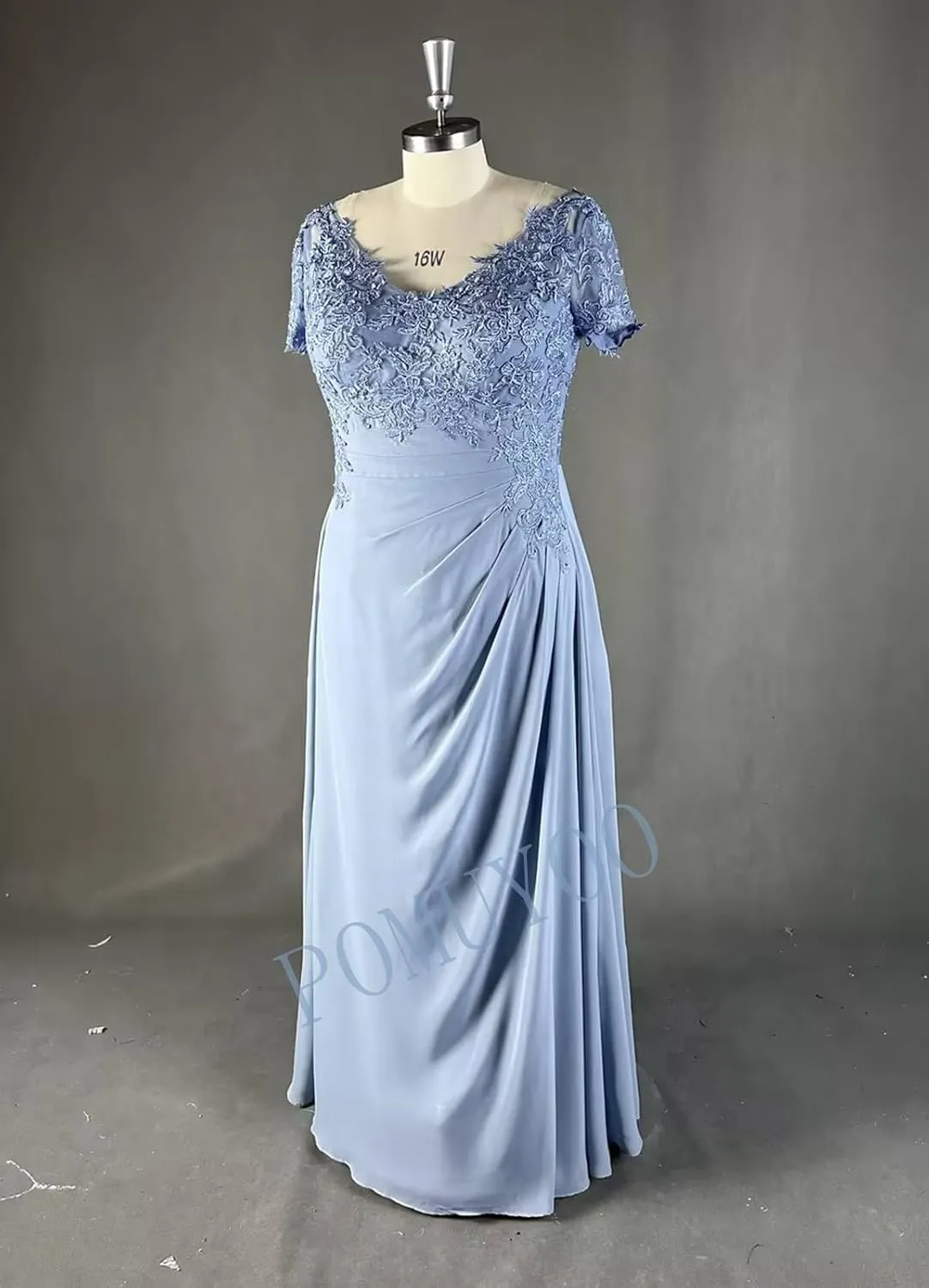 POMUYOO Women's V-Neck Lace Appliques Mother of The Bride Dress Beaded Chiffon Evening Gown with Sleeves YG107