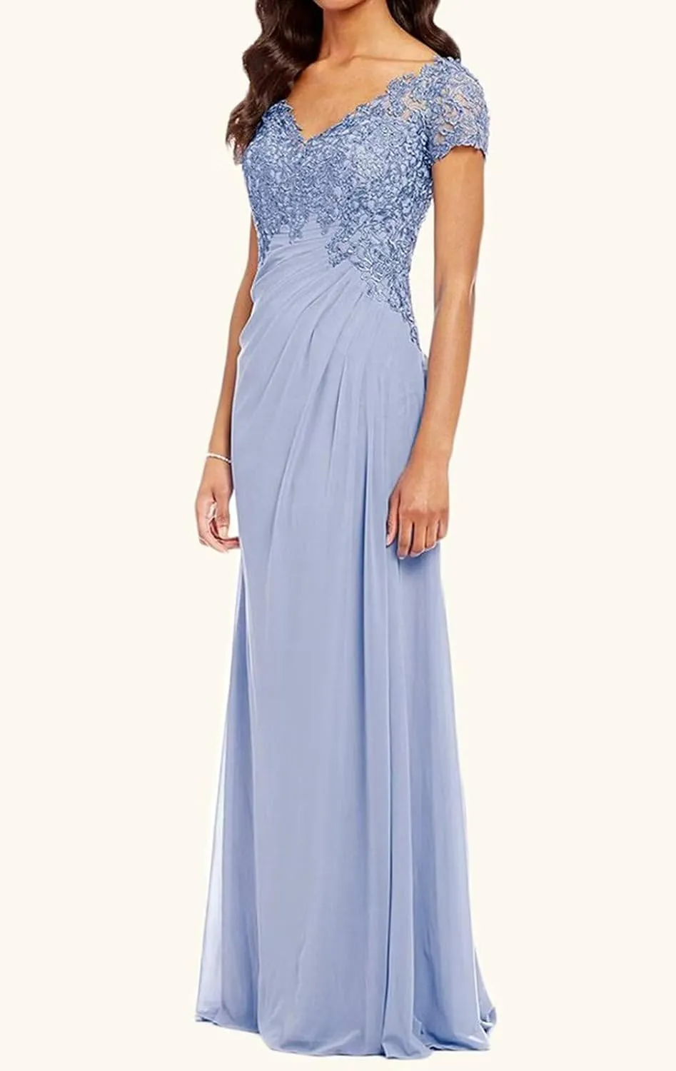 POMUYOO Women's V-Neck Lace Appliques Mother of The Bride Dress Beaded Chiffon Evening Gown with Sleeves YG107