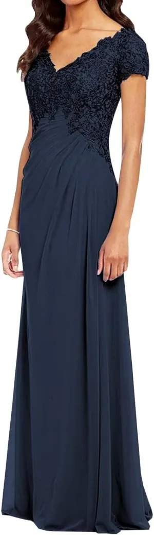 POMUYOO Women's V-Neck Lace Appliques Mother of The Bride Dress Beaded Chiffon Evening Gown with Sleeves YG107