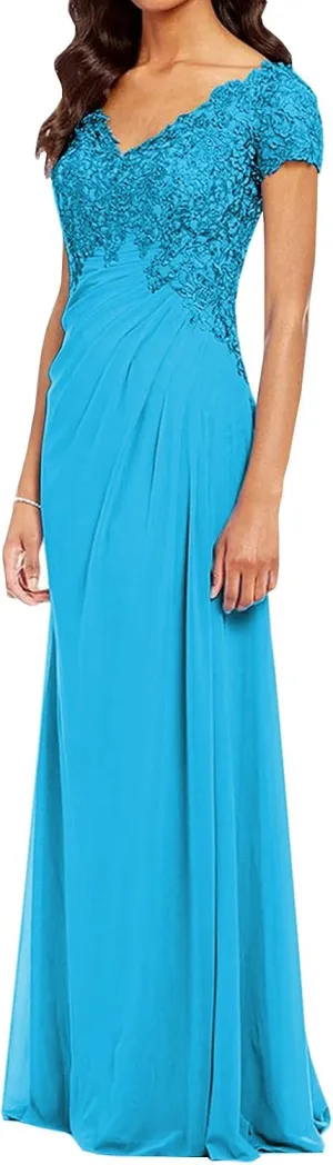 POMUYOO Women's V-Neck Lace Appliques Mother of The Bride Dress Beaded Chiffon Evening Gown with Sleeves YG107
