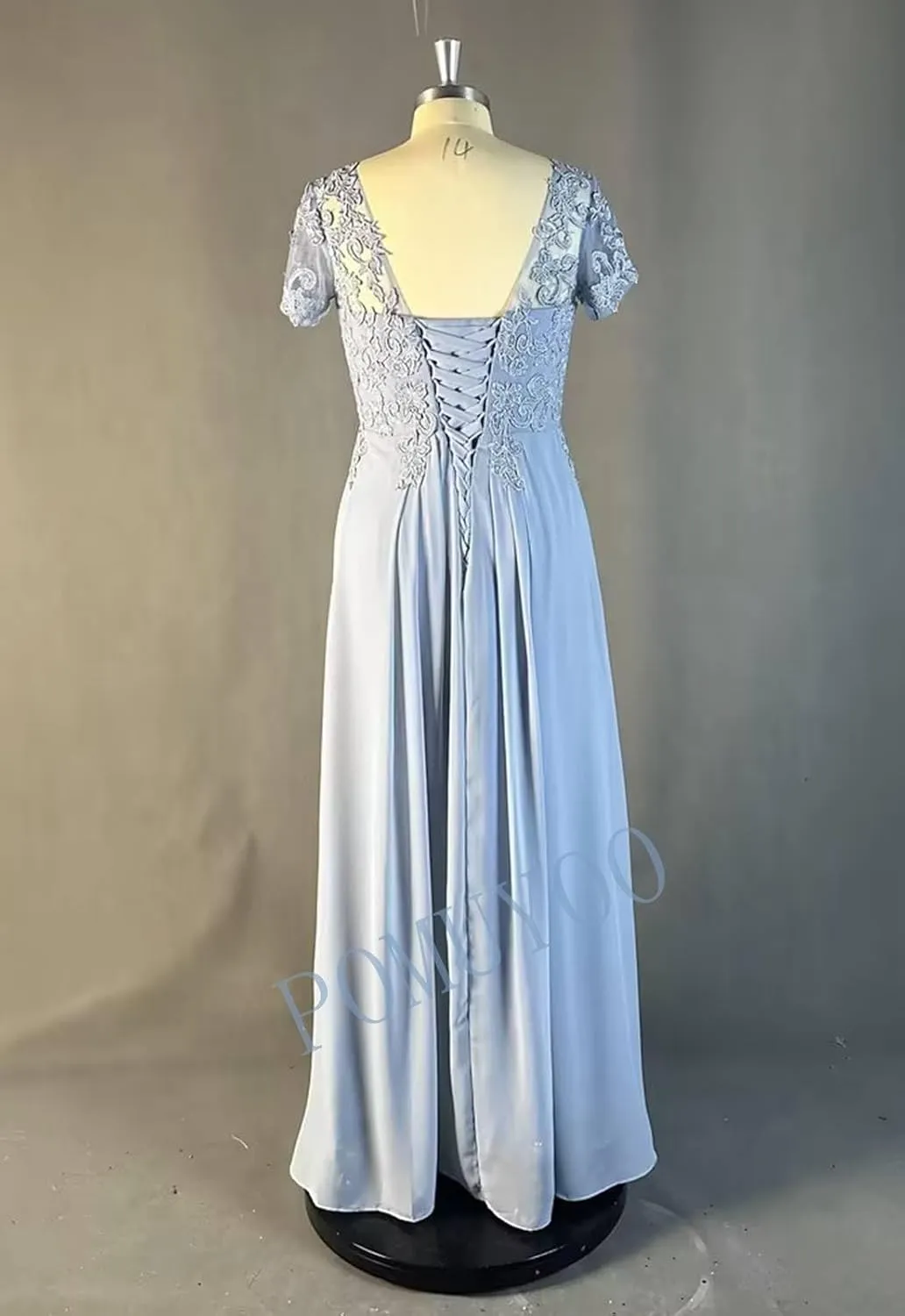 POMUYOO Women's V-Neck Lace Appliques Mother of The Bride Dress Beaded Chiffon Evening Gown with Sleeves YG107