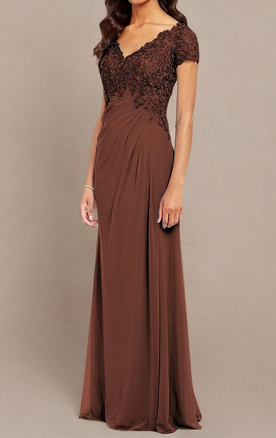 POMUYOO Women's V-Neck Lace Appliques Mother of The Bride Dress Beaded Chiffon Evening Gown with Sleeves YG107