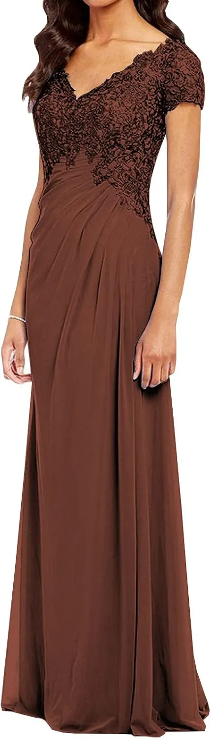 POMUYOO Women's V-Neck Lace Appliques Mother of The Bride Dress Beaded Chiffon Evening Gown with Sleeves YG107