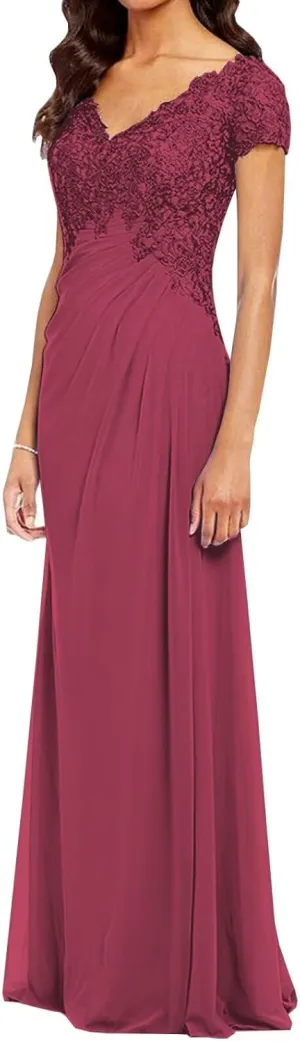 POMUYOO Women's V-Neck Lace Appliques Mother of The Bride Dress Beaded Chiffon Evening Gown with Sleeves YG107