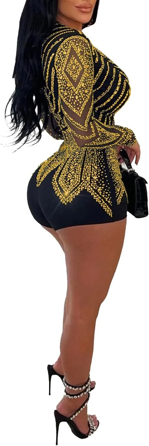 PORRCEY Women Sexy Elegant Rhinestone Mesh See Through Romper Bodycon Jumpsuit Party Club Night Outfit