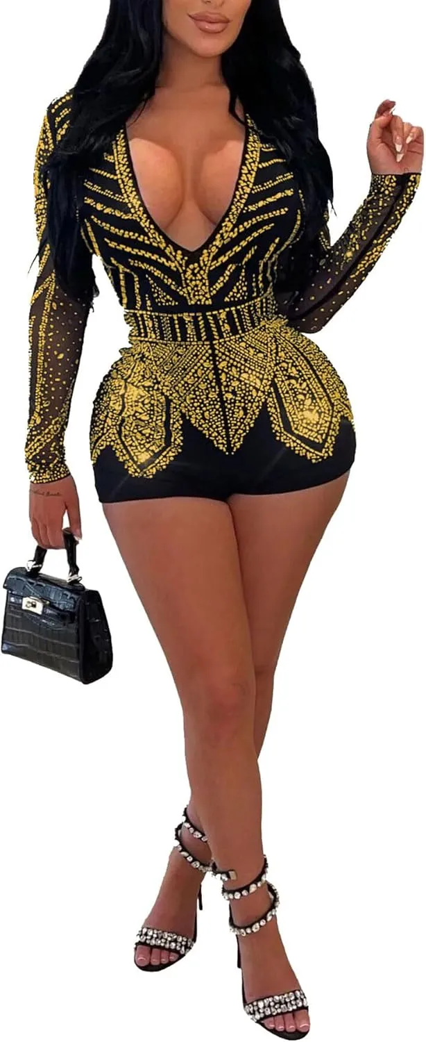PORRCEY Women Sexy Elegant Rhinestone Mesh See Through Romper Bodycon Jumpsuit Party Club Night Outfit