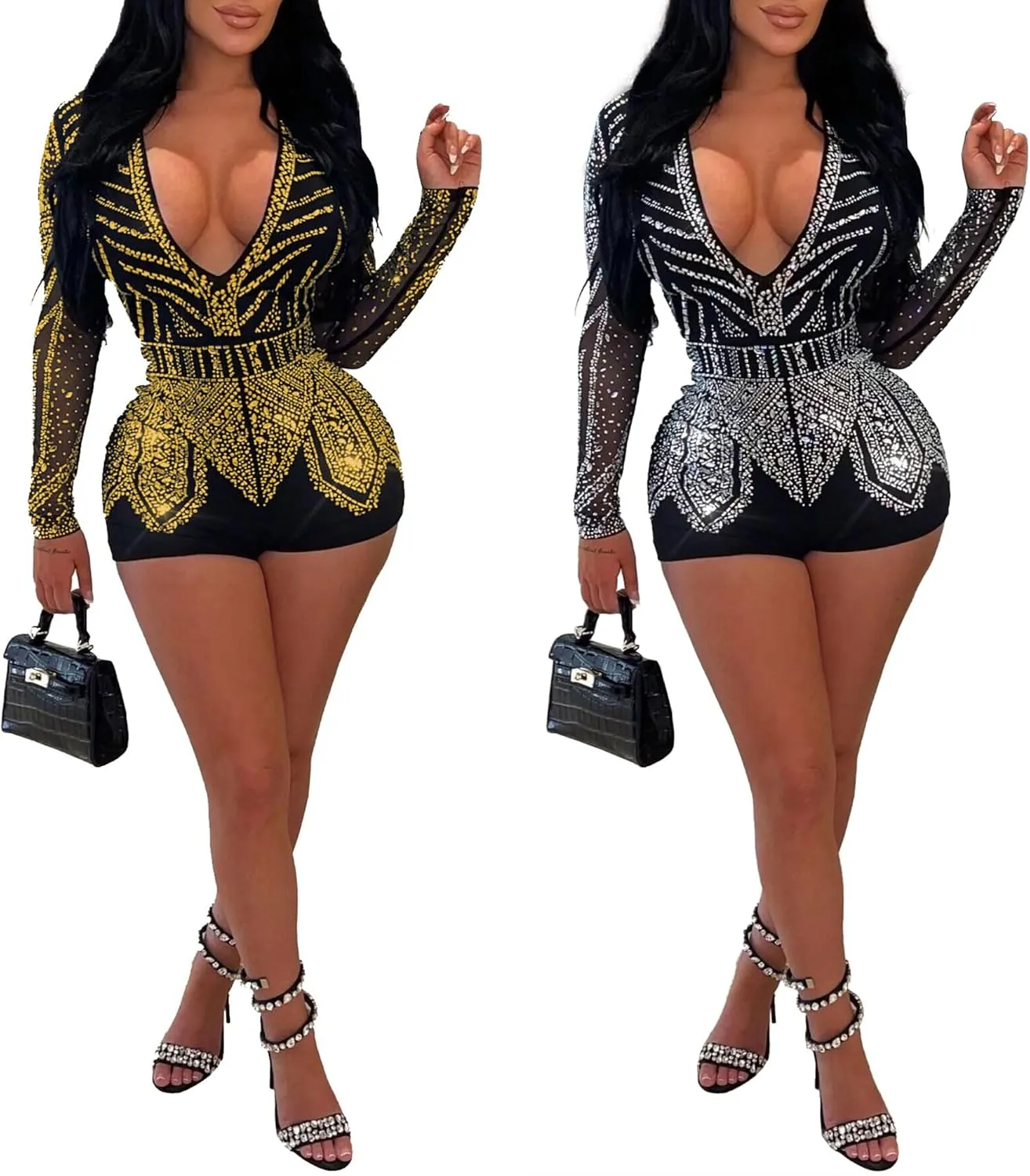 PORRCEY Women Sexy Elegant Rhinestone Mesh See Through Romper Bodycon Jumpsuit Party Club Night Outfit