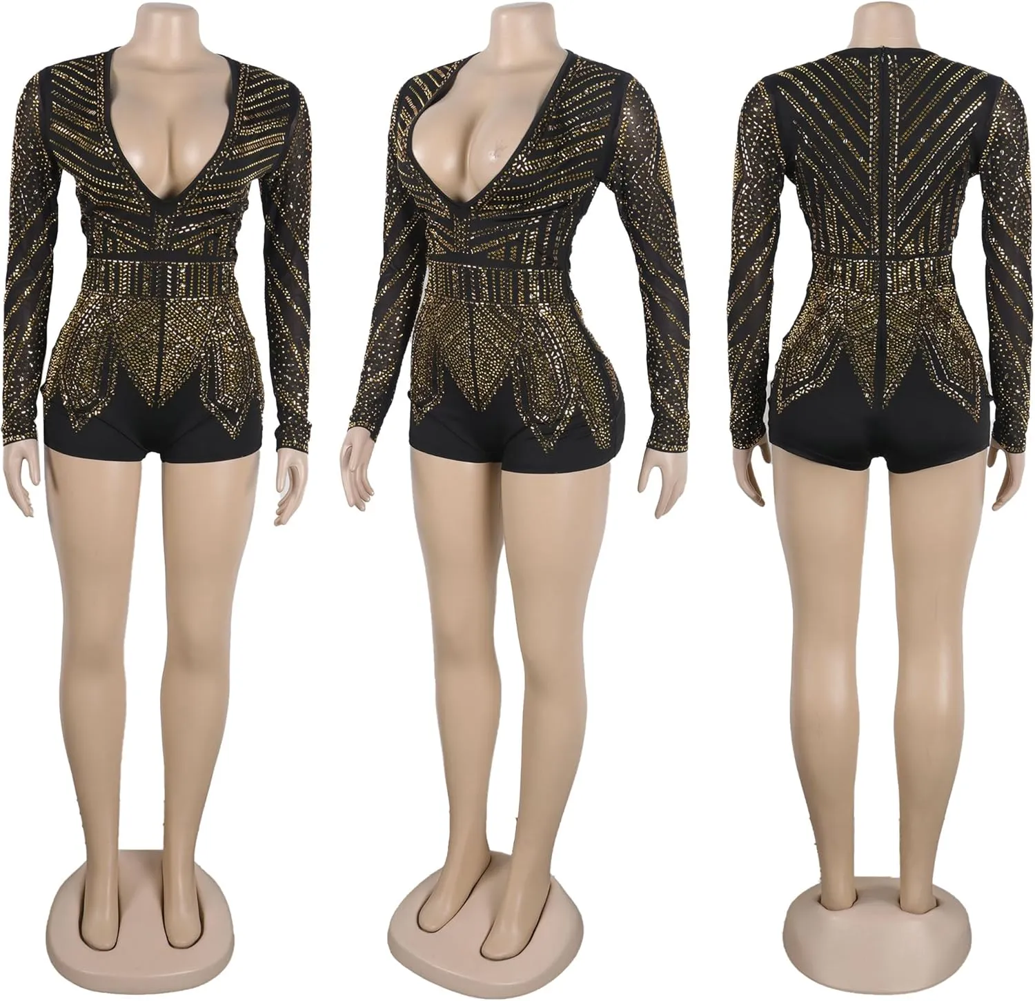 PORRCEY Women Sexy Elegant Rhinestone Mesh See Through Romper Bodycon Jumpsuit Party Club Night Outfit