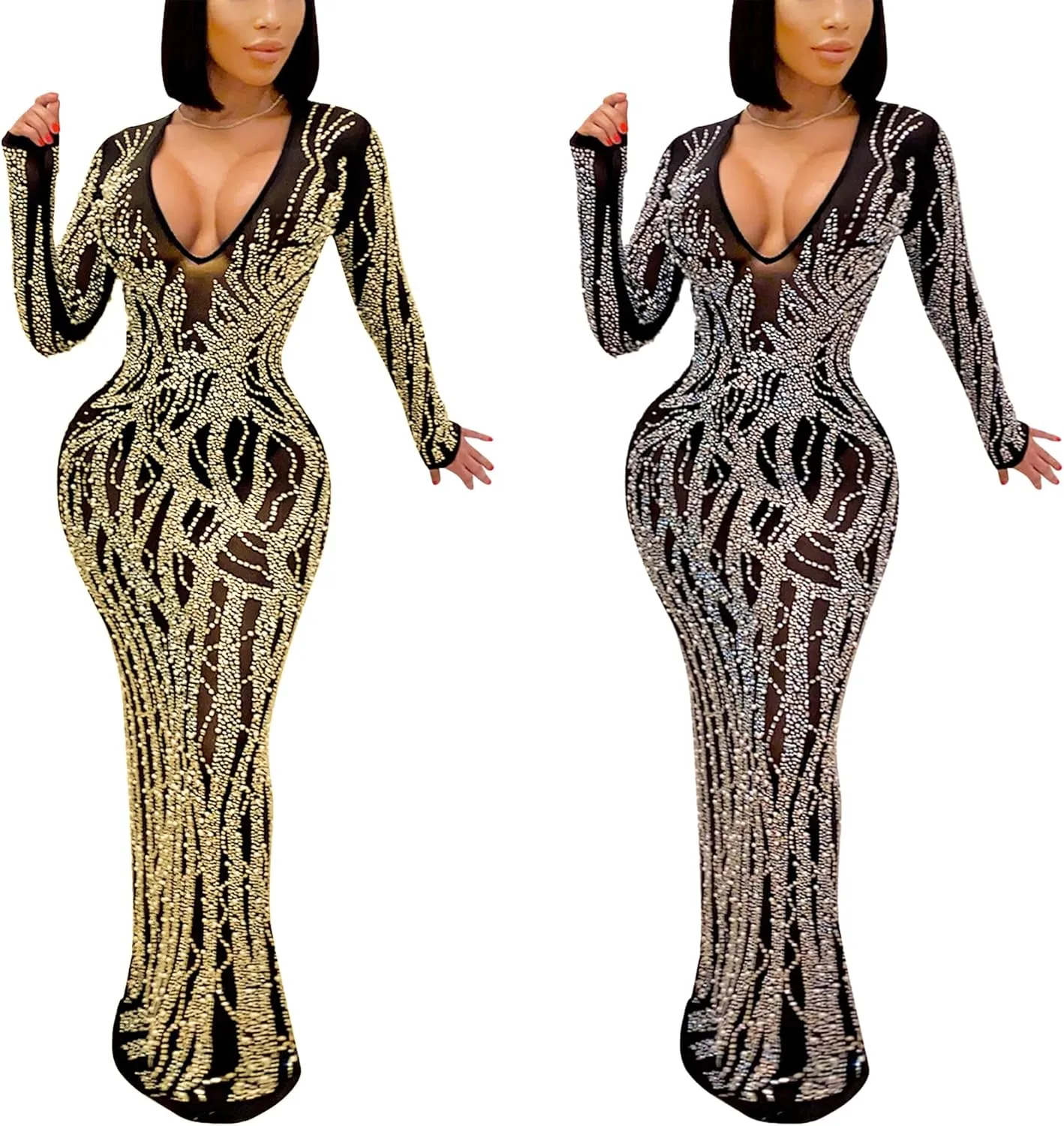 PORRCEY Women Sexy Rhinestone Long Sleeve Mesh See Through Party Club Night Formal Evening Dress