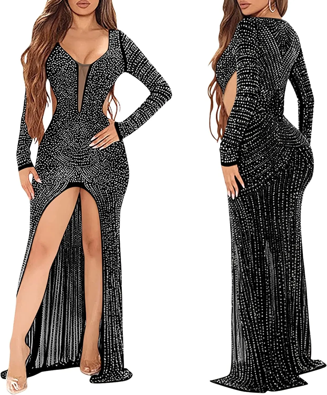 PORRCEY Women Sexy Rhinestone Long Sleeve Mesh See Through Party Club Night Formal Evening Dress