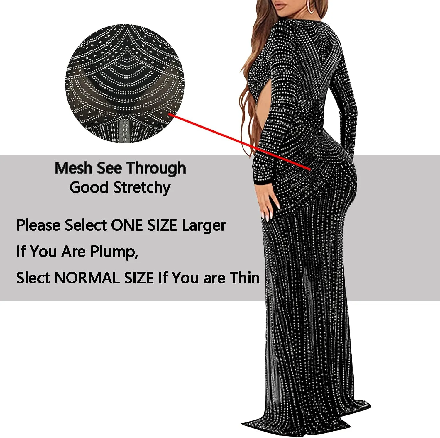 PORRCEY Women Sexy Rhinestone Long Sleeve Mesh See Through Party Club Night Formal Evening Dress