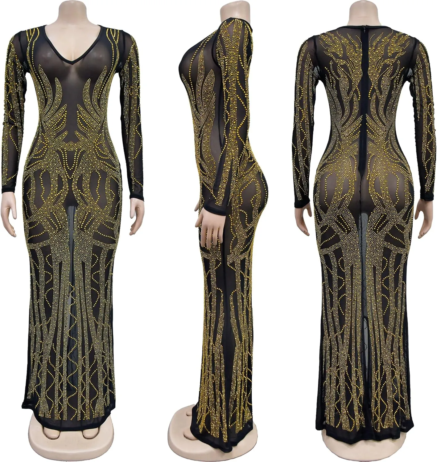 PORRCEY Women Sexy Rhinestone Long Sleeve Mesh See Through Party Club Night Formal Evening Dress