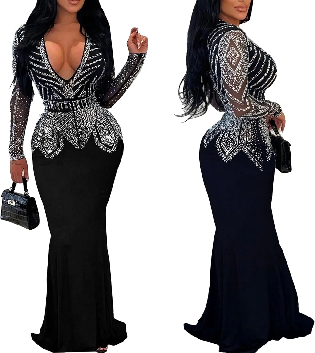 PORRCEY Women Sexy Rhinestone Long Sleeve Mesh See Through Party Club Night Formal Evening Dress